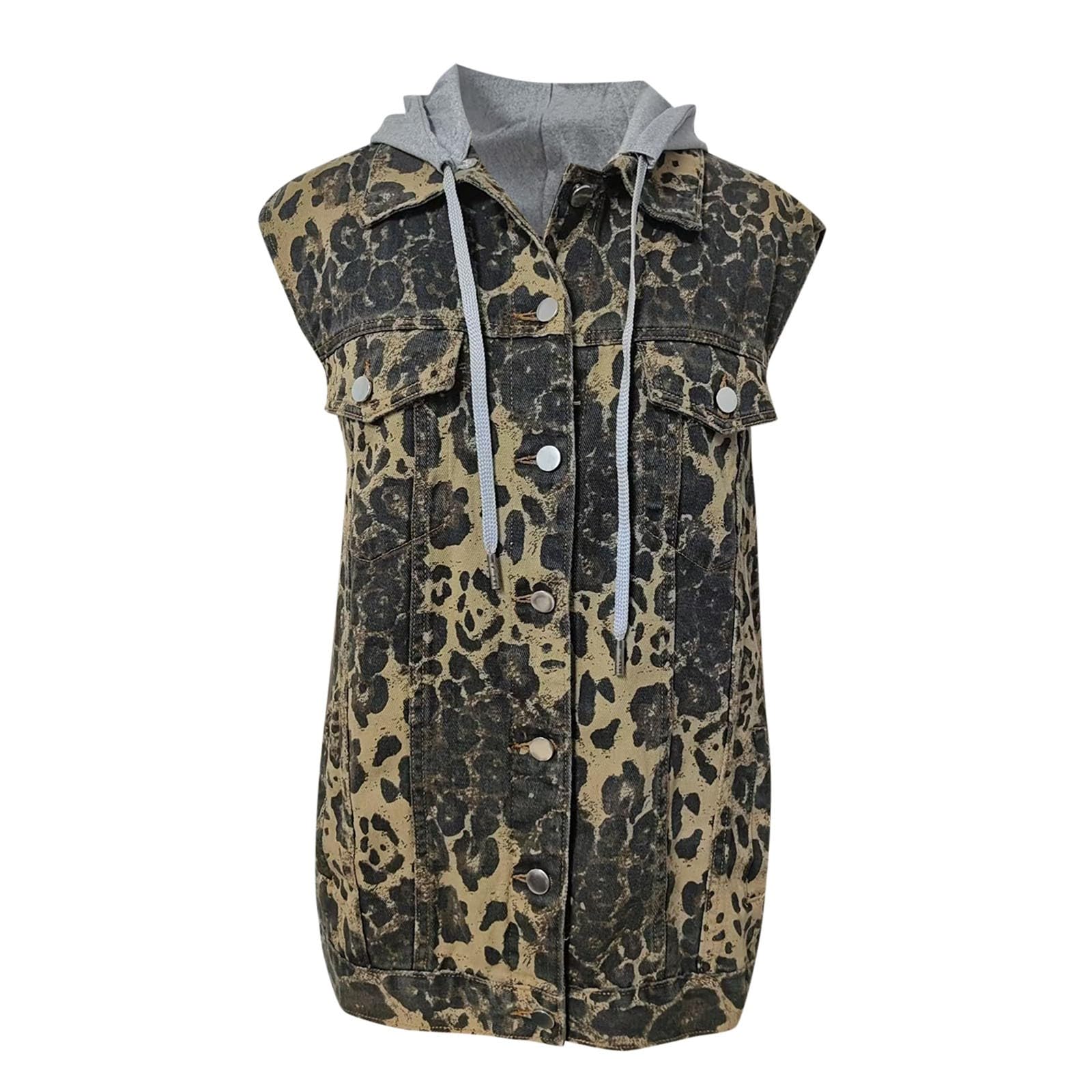 Gilet en jean pour femme - Sans manches - Boutonnière - Veste en jean - Imprimé léopard - Veste de loisirs - Veste en denim - Veste d'extérieur - Manteau de loisirs - Vêtement d'extérieur