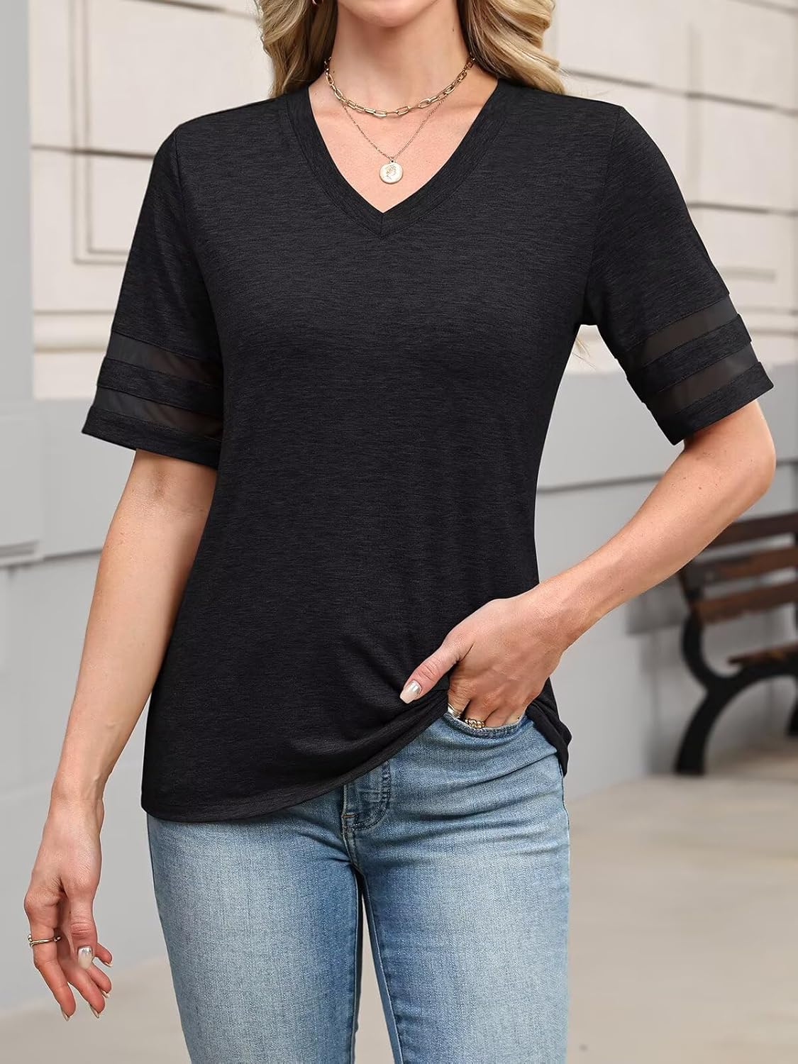 Women's V Neck T Shirts Mesh Panel Short Sleeve Tops Casual Summer Tees - Image 2