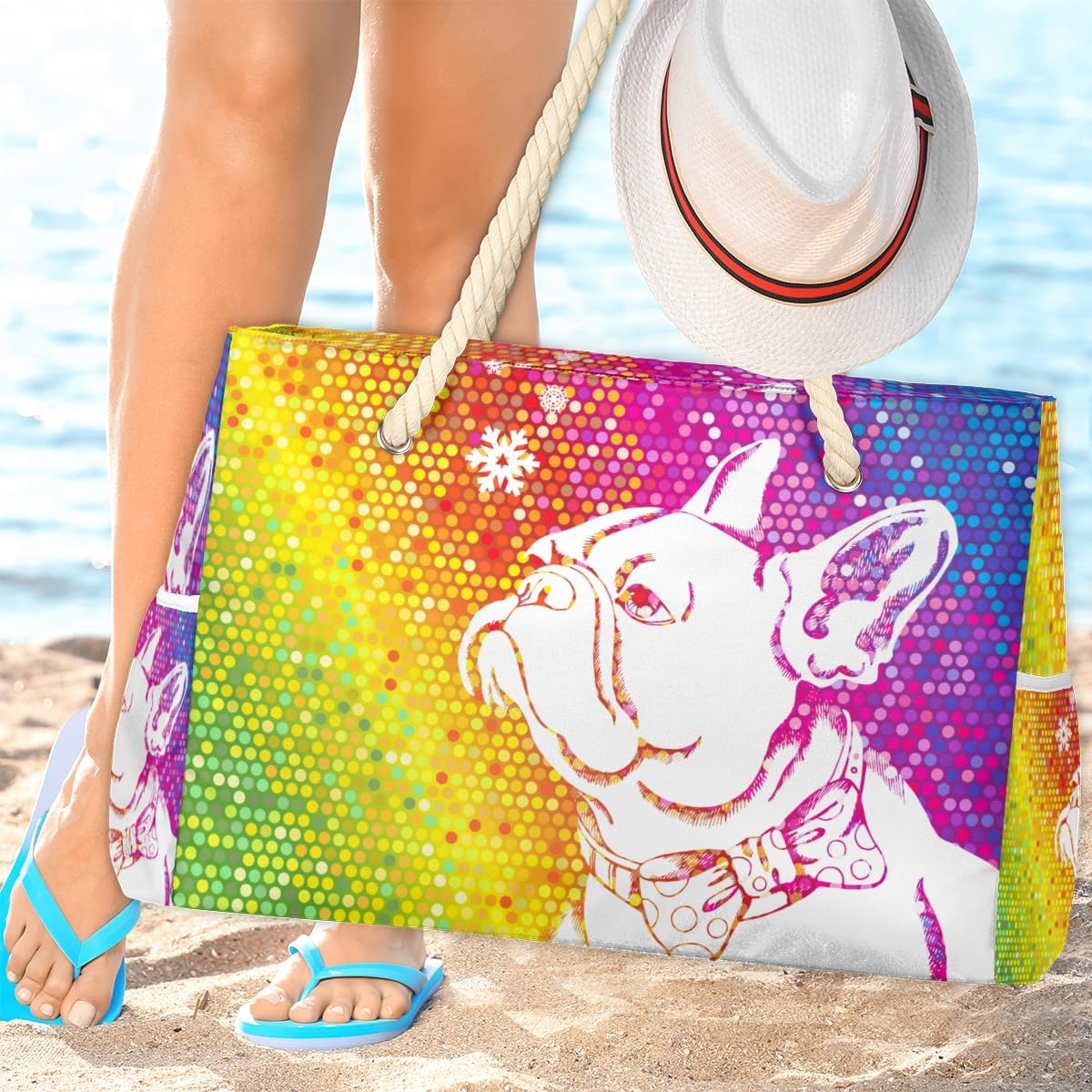 Dog Colourful Beach Bag for Women Waterproof Sandproof Tote with Zipper Cotton Rope Handles for Travel Pool Gym Shopping