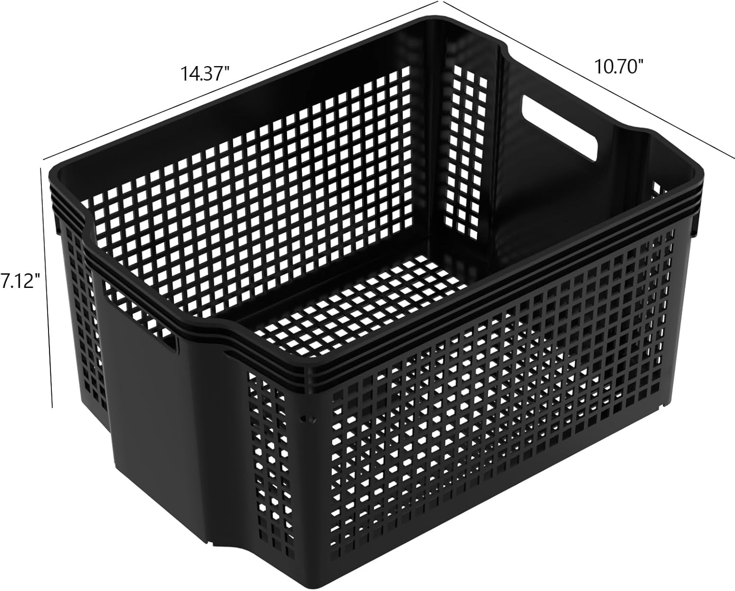 12 Pack Deep Plastic Storage Baskets, 14.37" x 10.70" x 7.12" Large Stackable Organizer Bins with Handles, Black