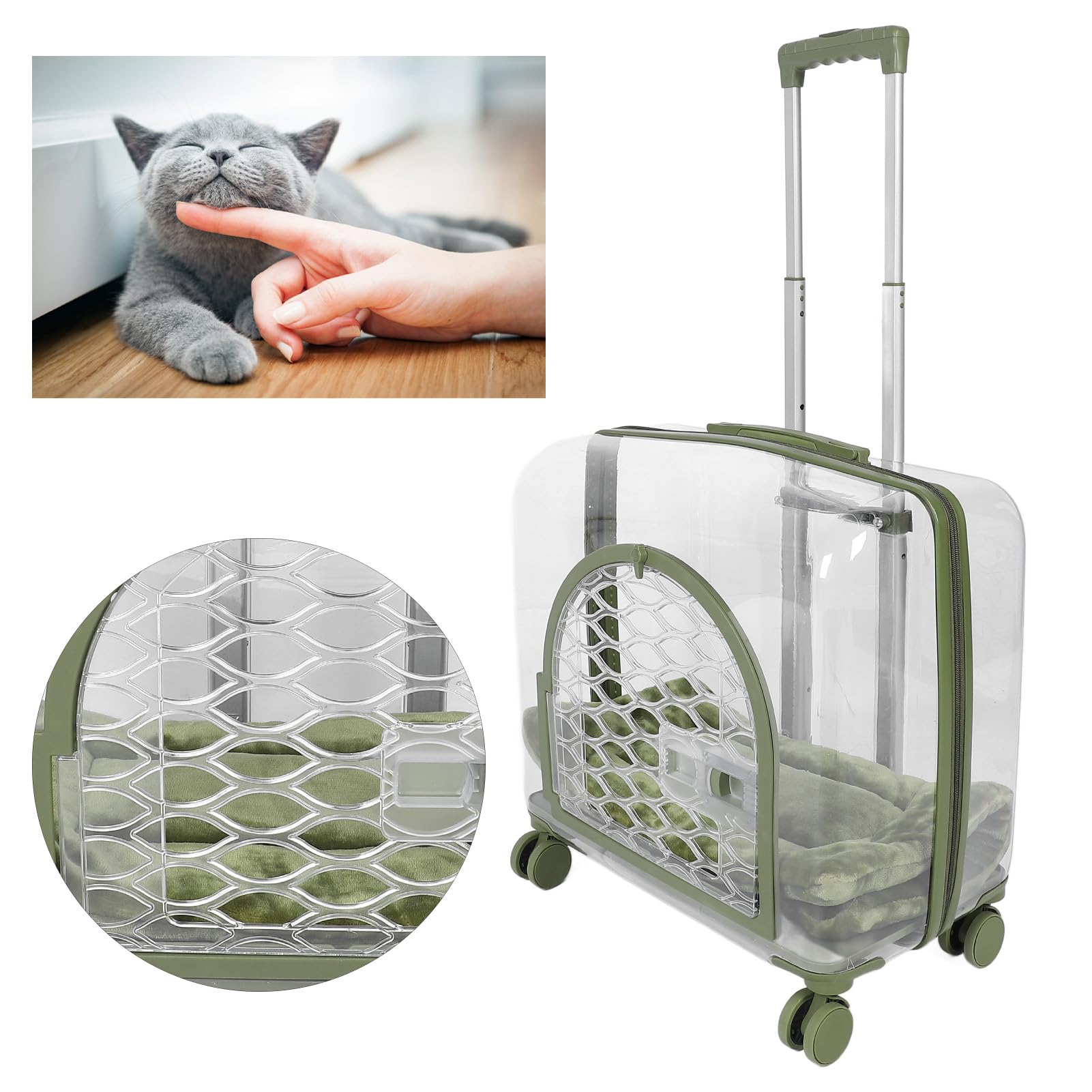 Trasportino Trasparente per Gatti, Trolley Trasparente Traspirante per Animali Domestici Con Manico Telescopico, Ruote E Coperta Bagaglio Rigido Portatile per Gatti per Cani