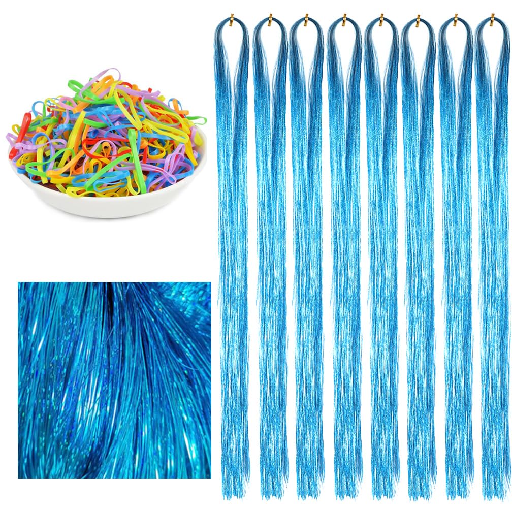 Hair Tinsel Extensions Lake Blue Colorful Glitter Tinsel Hair Kit Heat Resistant 42 Inch Sparkling Fairy Hair Accessories for Women Kids Girls 8 Pcs