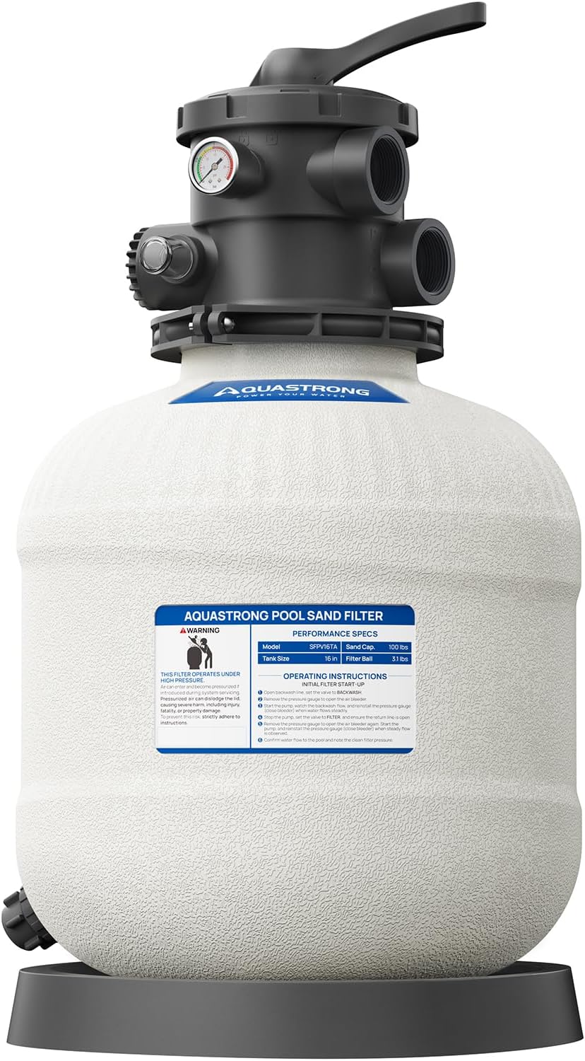 AQUASTRONG 16in Sand Pool Filter with 6-Way Valve - Top-Mount System for Above Ground Pools Up to 16,000 Gallons