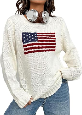 Womens American Flag Sweater Vintage Star Print Long Sleeve Crew Neck Sweater Top 4th of July Knit Top