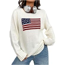 Womens American Flag Sweater Vintage Star Print Long Sleeve Crew Neck Sweater Top 4th of July Knit Top