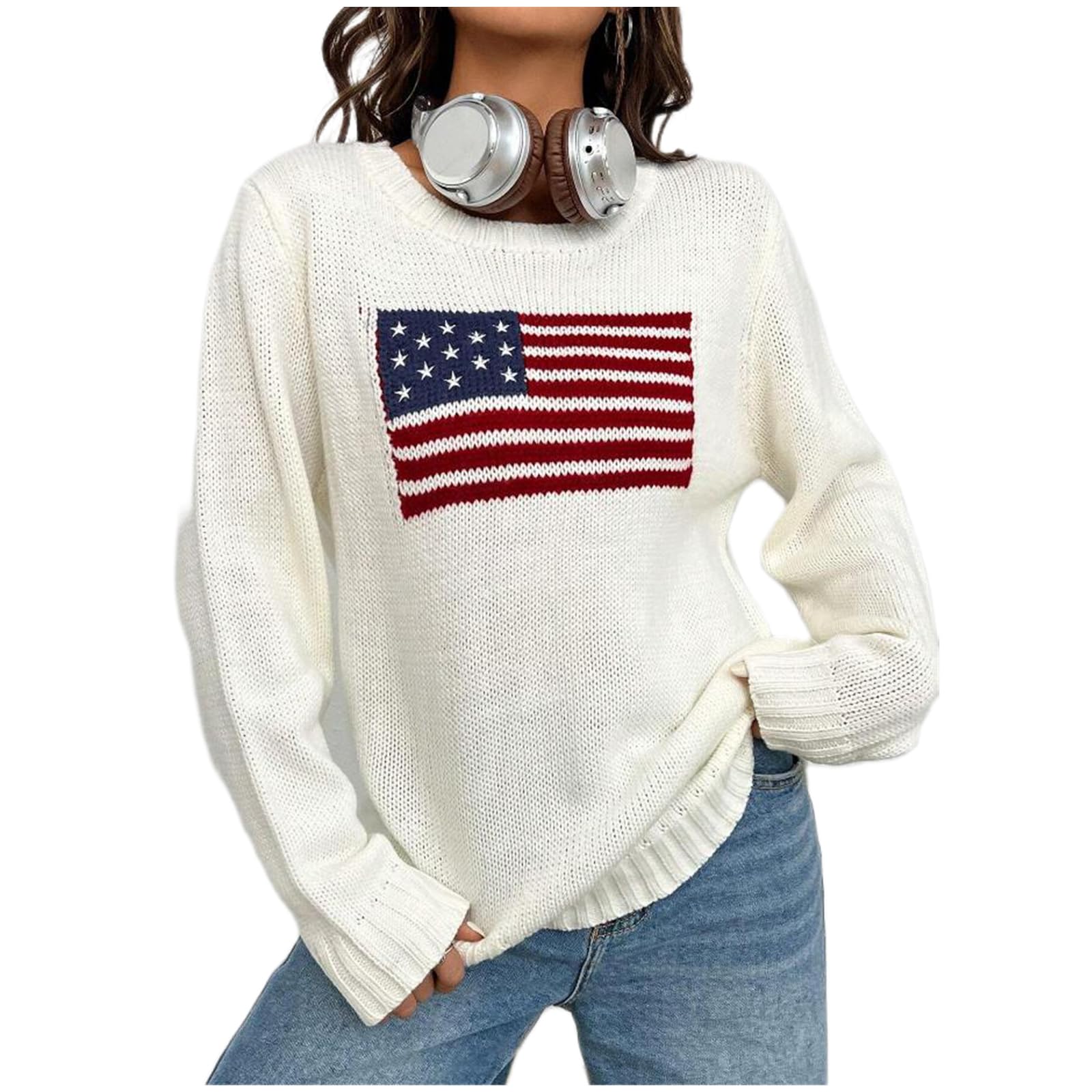 Women's American Flag Sweater Vintage Star Print Long Sleeve Crew Neck Sweater Top 4th of July Knit Top