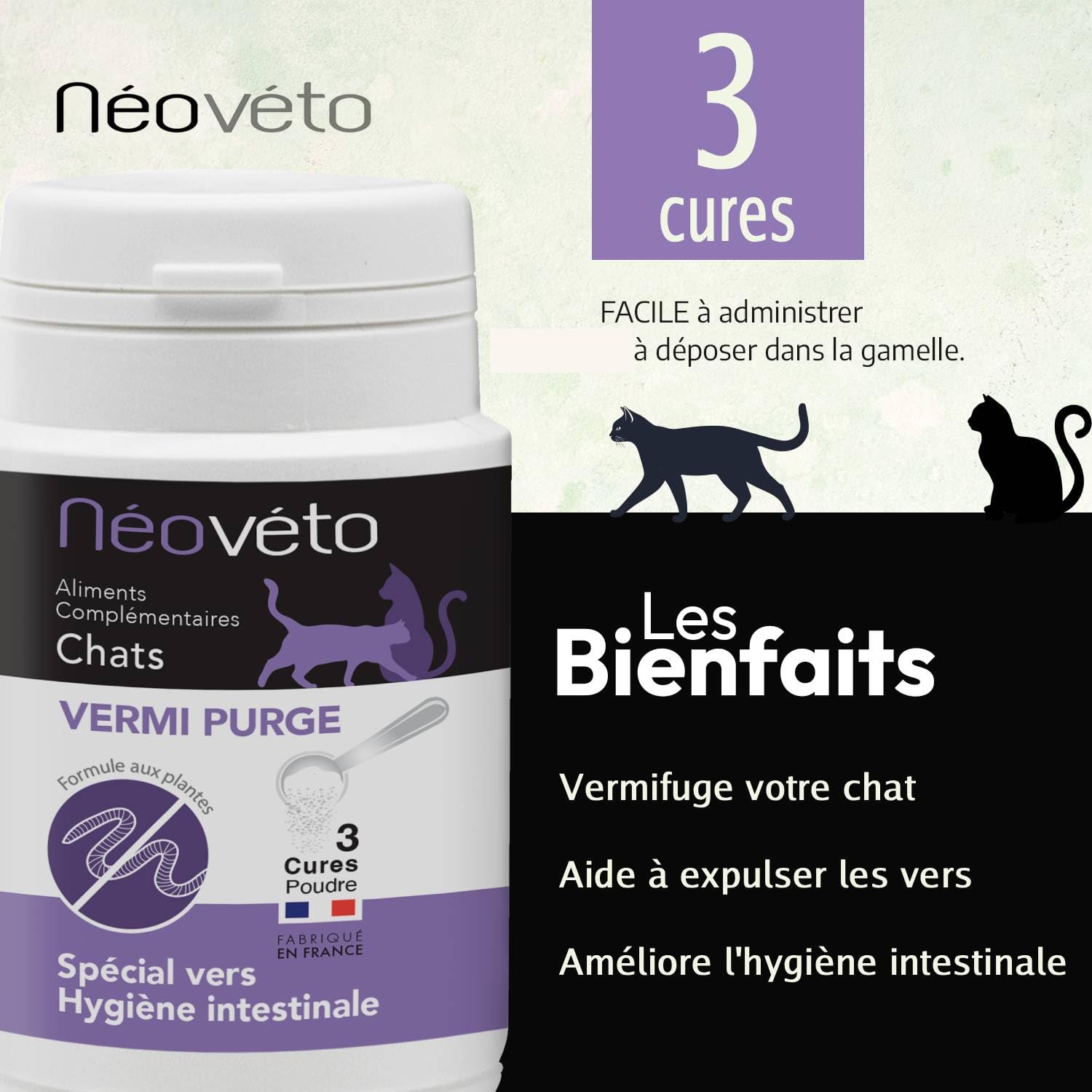 DESPARASITANTE para Gatos Antiparasitario Interno en en Polvo Natural, Ingredientes Activos autorizados por los Servicios Veterinarios Franceses