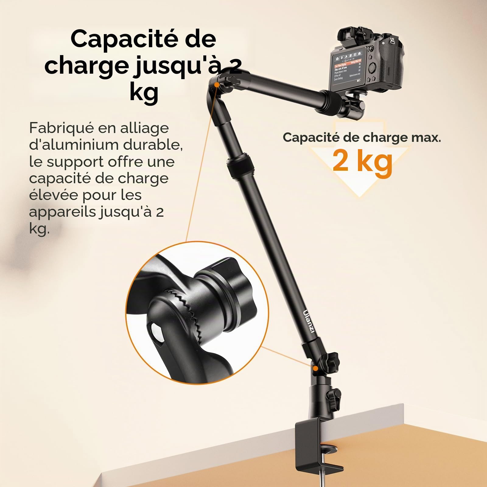 ULANZI ZJ02 98 cm Support deTable pour Caméra, Trépied Suspendu pour Streaming et Jeux Vidéo, Support d'éclairage avec Perche, Trépied à Pince avec rotule 360° pour Caméra/Anneau Lumineux