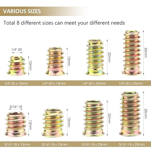 Miniatura 76 de Insertos roscados de 5/16"-0.709 x 0.984 in, acero al carbono chapado en zinc, con llave hexagonal para tornillos de muebles de madera, 26 piezas