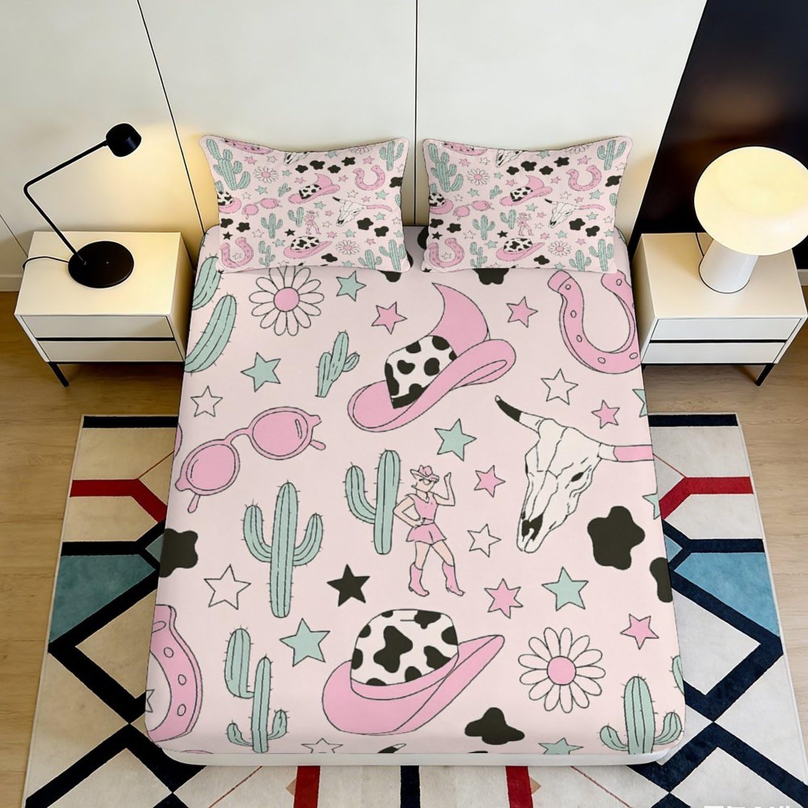 3D Printed Western Cowboy Cactus Fitted Sheet Microfiber Deep Pocket Bedroom Non-Slip Western Mattress Fitted Cover Washable 90x200x25cm
