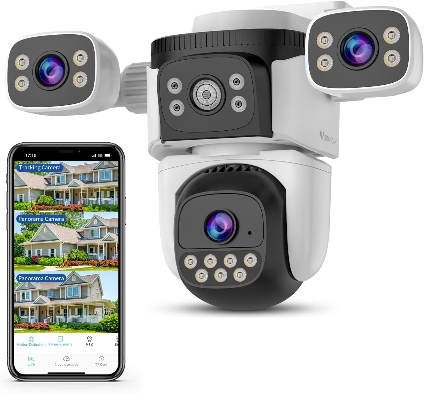 VSTARCAM Three-Lens Security Camera Outdoor, 360ยฐ View Outside Camera, 2.4Ghz WiFi, Human Detection, Color Night Vision, Pan & Tilt, 10x Zoom,Two-Way Audio, Plug-in Cameras, Local & Cloud Storage