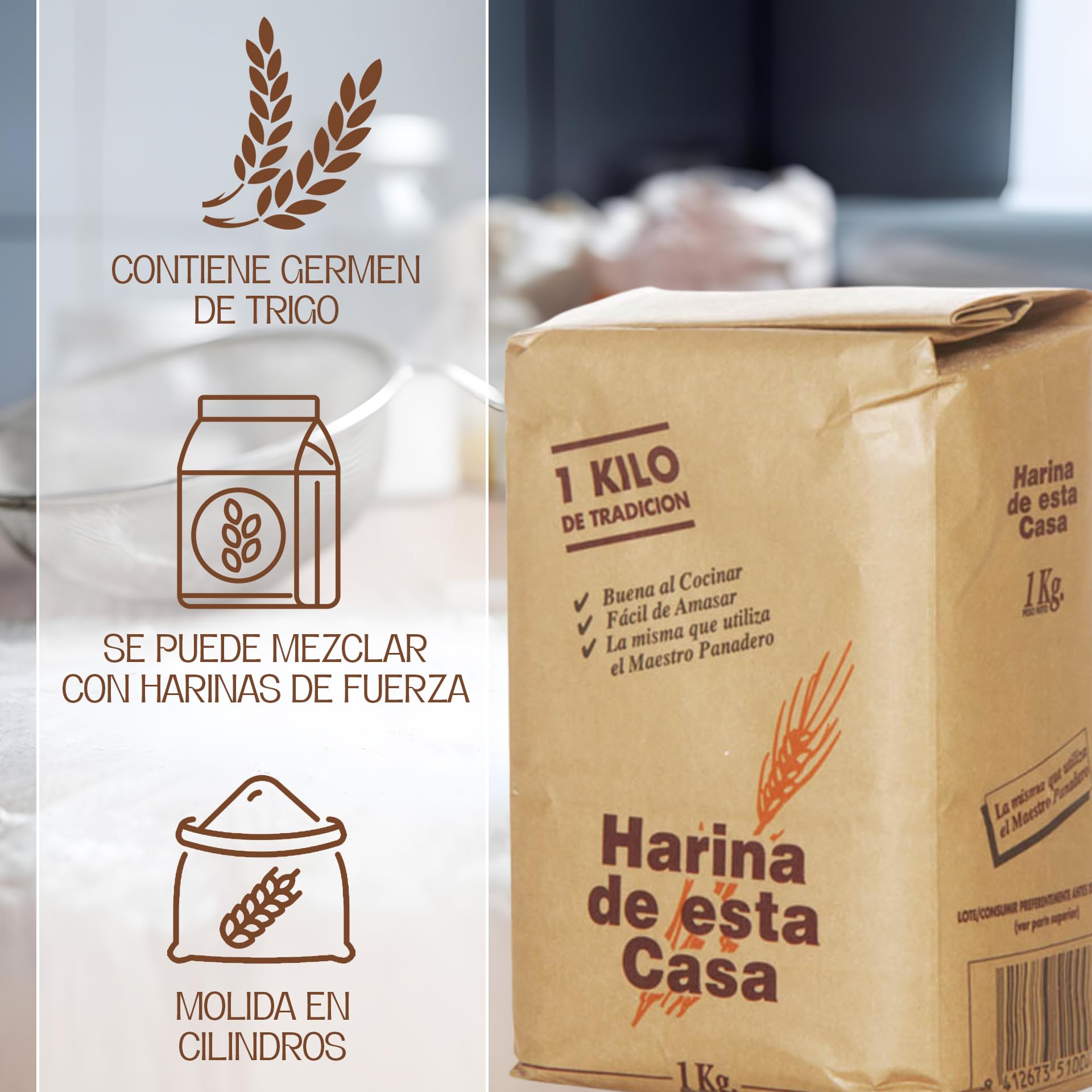 Harina de esta Casa | Harina De Trigo Suave 1 Kg | Con Todo el Germen del Trigo | Ideal para Bizcochos y Galletas | Absorción de Agua Baja |Mezclable con Harina de Fuerza para Masas de Pizzas