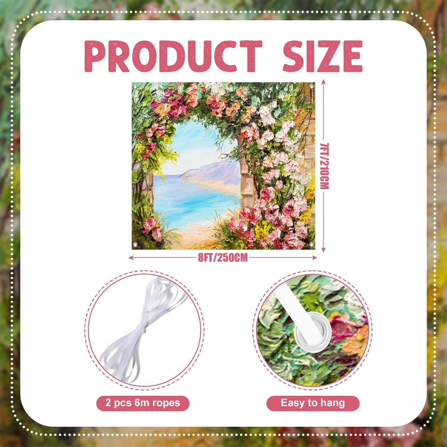 7x8ft Floral Arch Seascape Oil Painting Garage Door Decoration Vivid Blooming Flowers Coastal View Canvas Art Home Decor Indoor Outdoor Aesthetic Garden Inspired Background