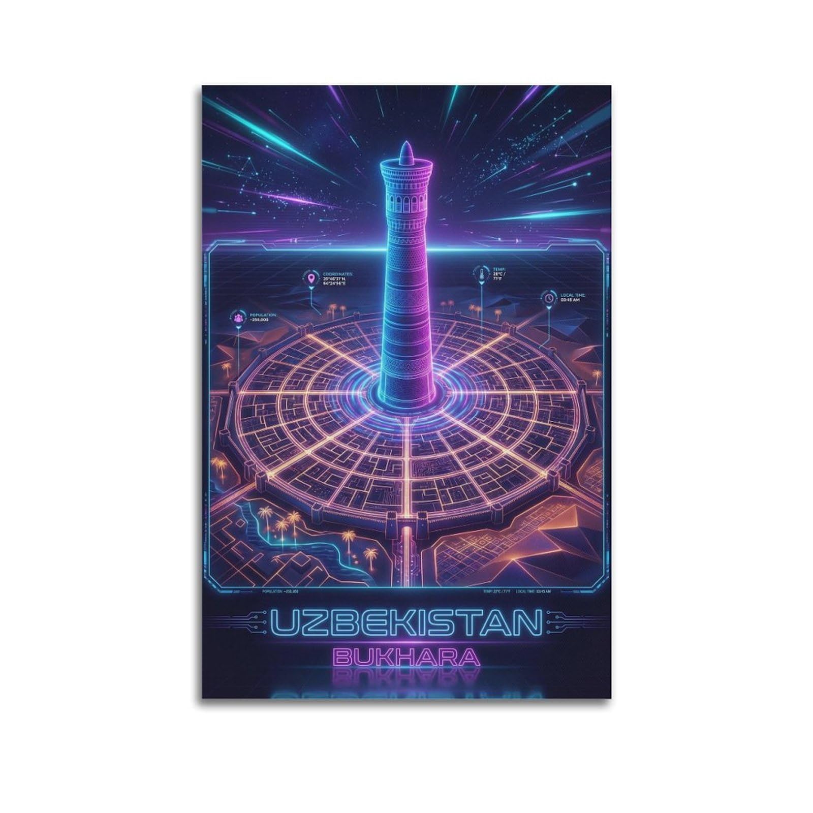 XKUGA Uzbekistan Kalyan Minaret Neon City Synthwave Map Poster Modern Decorative Canvas Prints - Ideal Wall Art for Family, Man Cave, Game Room, Boys & Girls Bedroom 24x36inch(60x90cm)
