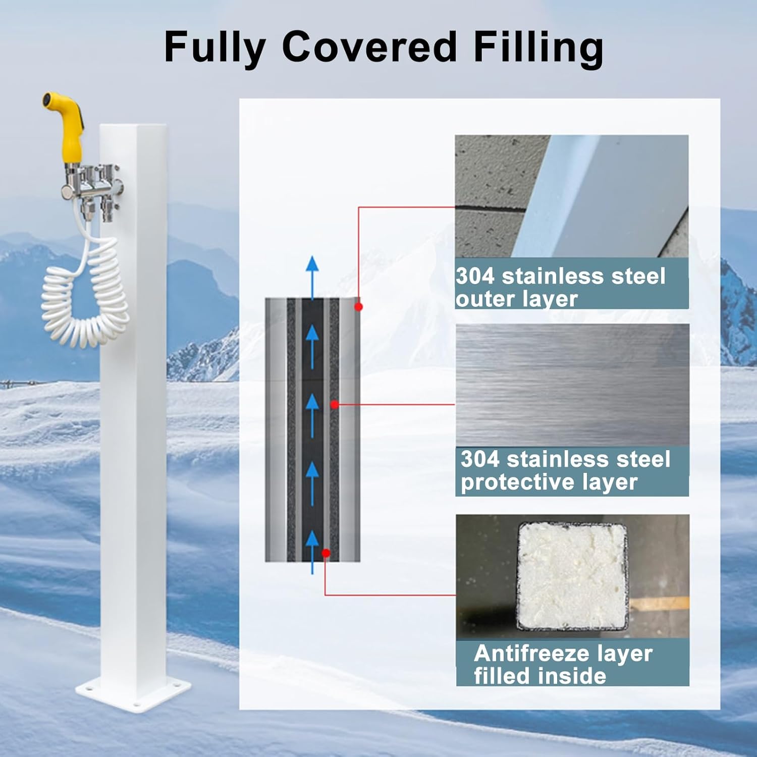 304 Stainless Steel Outdoor Water Column - Antifreeze Faucet with Spray Gun Hose, Garden Fountain Yard Hydrant (White, 95cm/37in) - Durable & Weather-Resistant