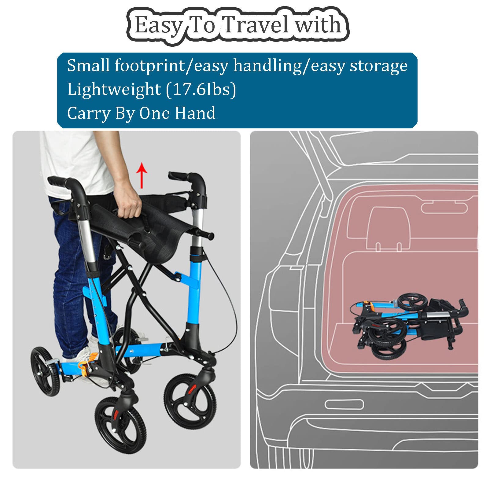 Deambulatore per Anziani Pieghevole, con Seduta e 4 Ruote, Rollator per Adulti o Disabili, Alluminio, Leggero