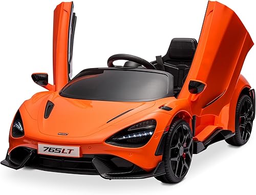 Kidzone McLaren 765LT con licencia de 12 V para niños, vehículos eléctricos con 2 velocidades, control parental, arranque suave, suspensión, puertas