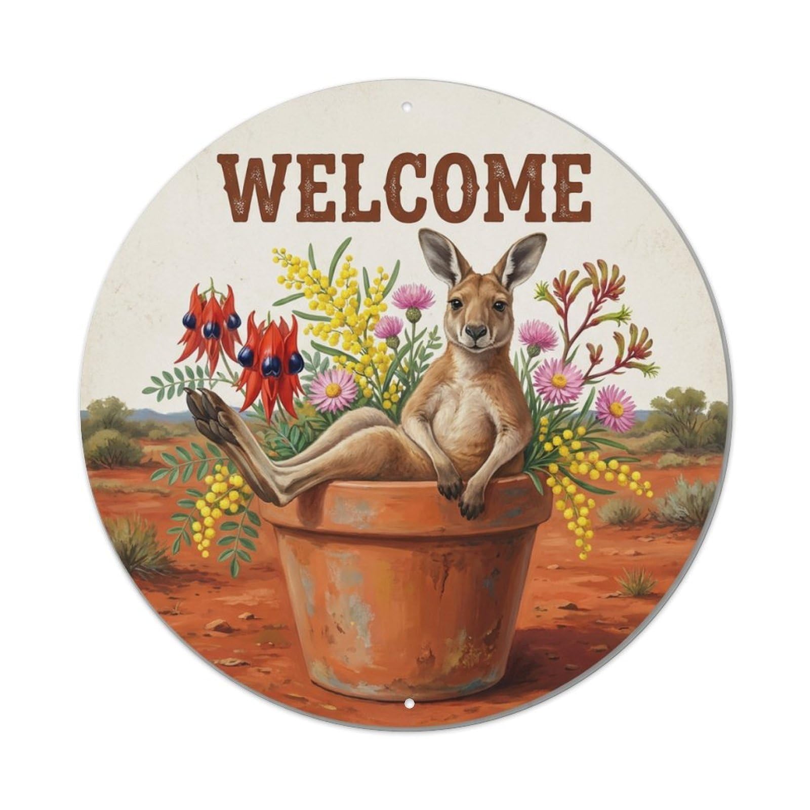 Metal Tin Sign Welcome Kangaroo Outback Bloom 1