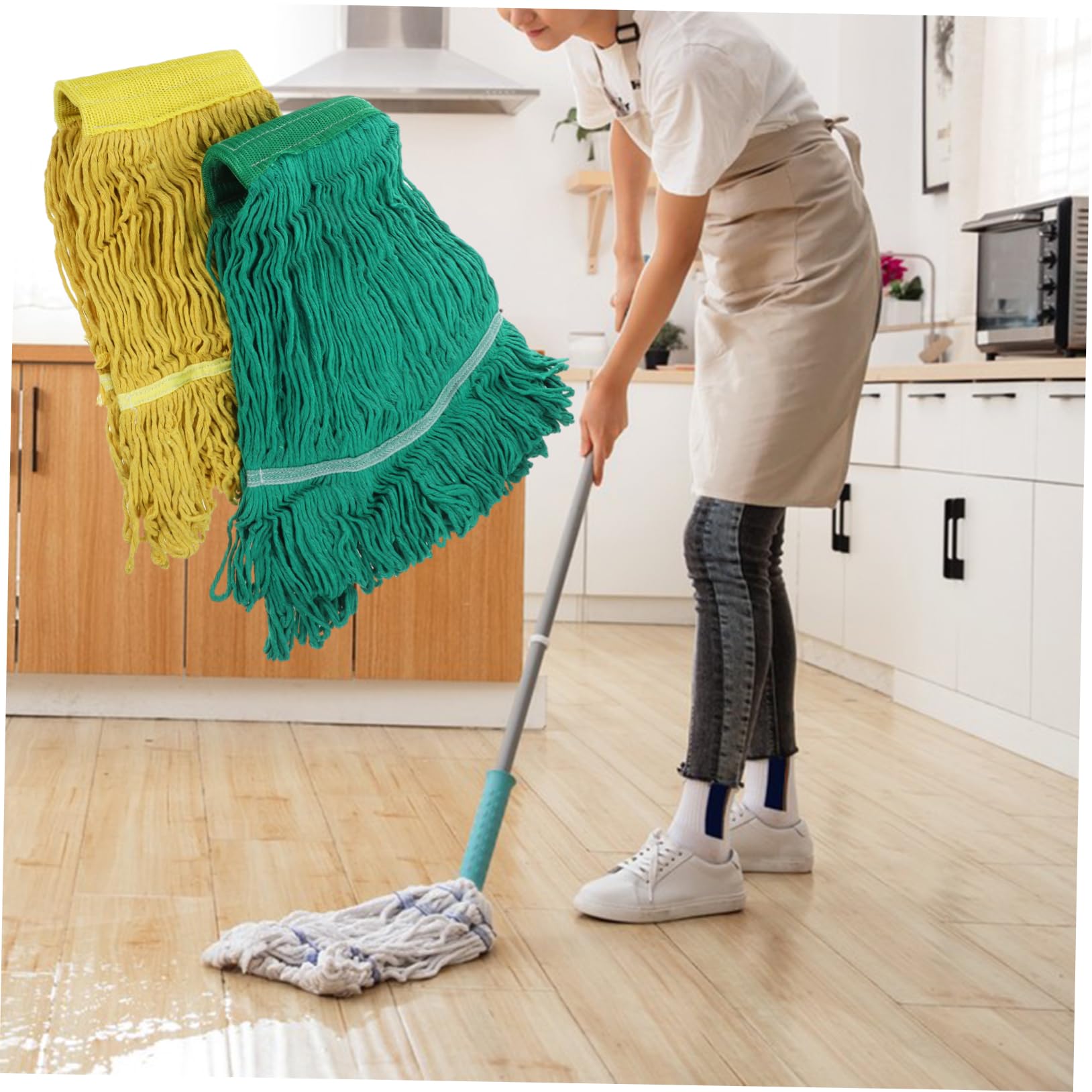 UKCOCO Recambio De Fregona Absorbente 2 Unidades De Hilo De Algodón Lavable Para Limpieza Mopa Suelos Duros y Cerámica, Almohadillas Reutilizables Hogar, Repuesto Práctico Amarillo y Verde