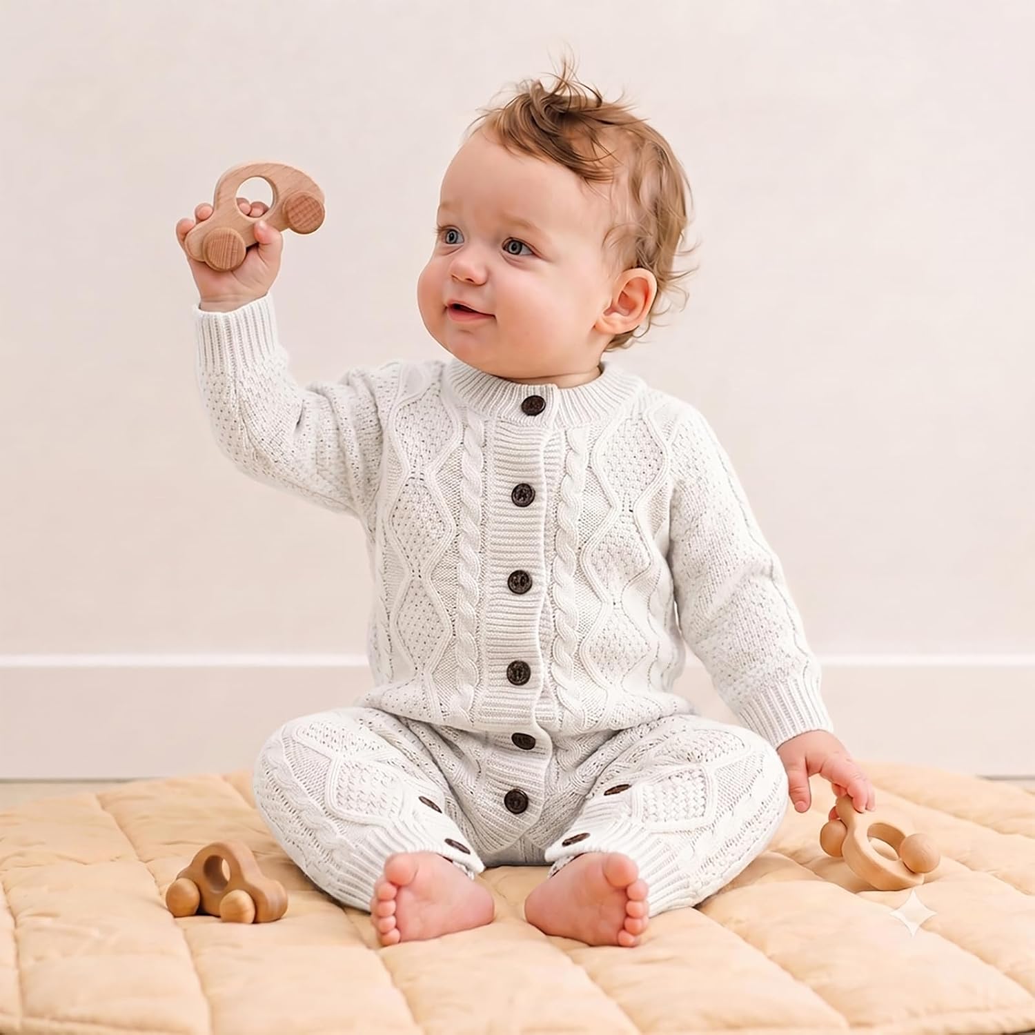 Baby Knit Sweater Romper Newborn Infant Long Sleeve Ribbed Outfit Clothes for Boys Girls with Beanie Hat Set