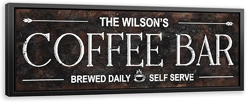Awesometik Letrero panorámico de barra de café, decoración de pared de lienzo personalizada con nombre de familia vintage, sala de café