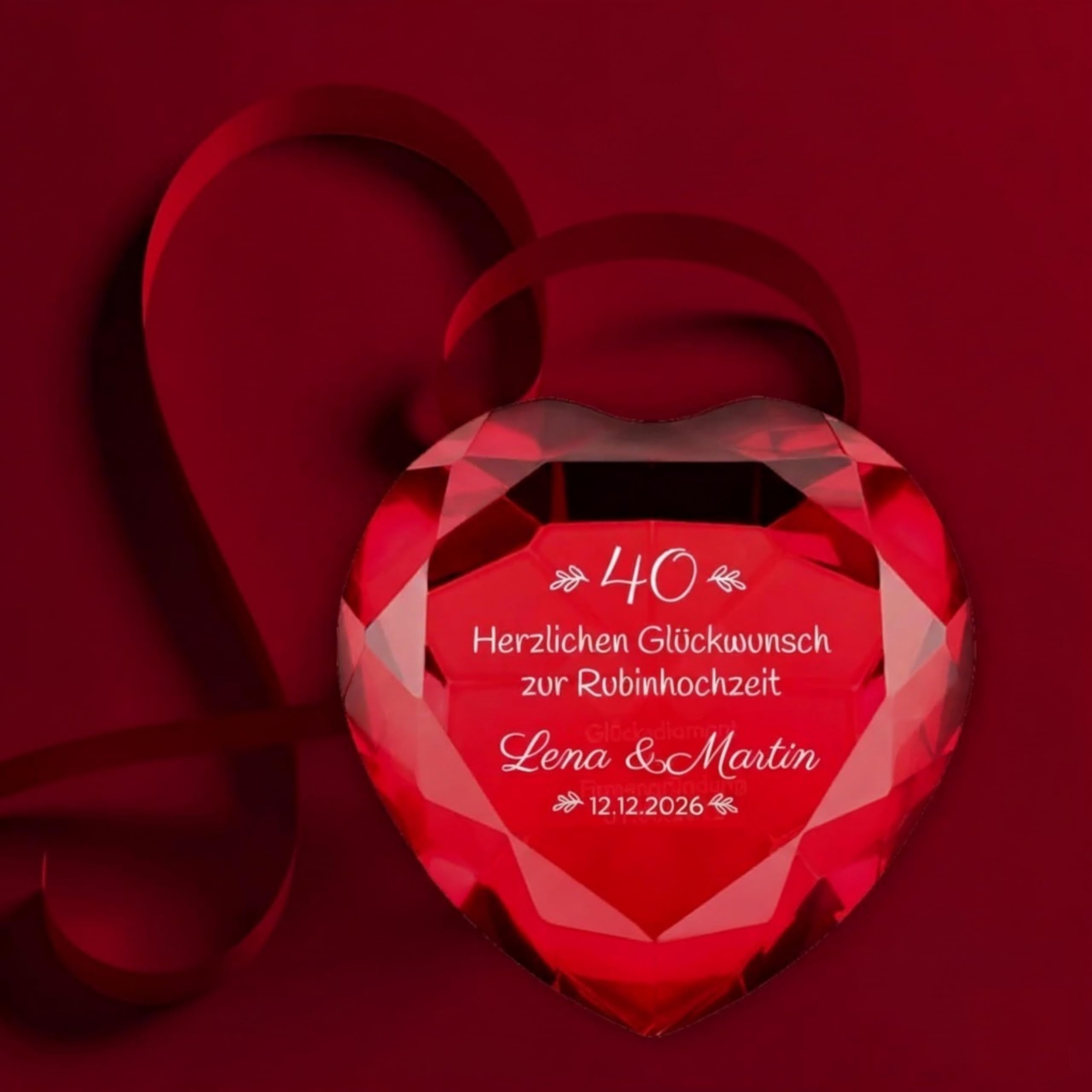 4You Design | Glasdiamant zur Rubinhochzeit mit Gravur | Personalisiertes Geschenk zum 40. Hochzeitstag | Kristall-Diamant mit Namen & Datum