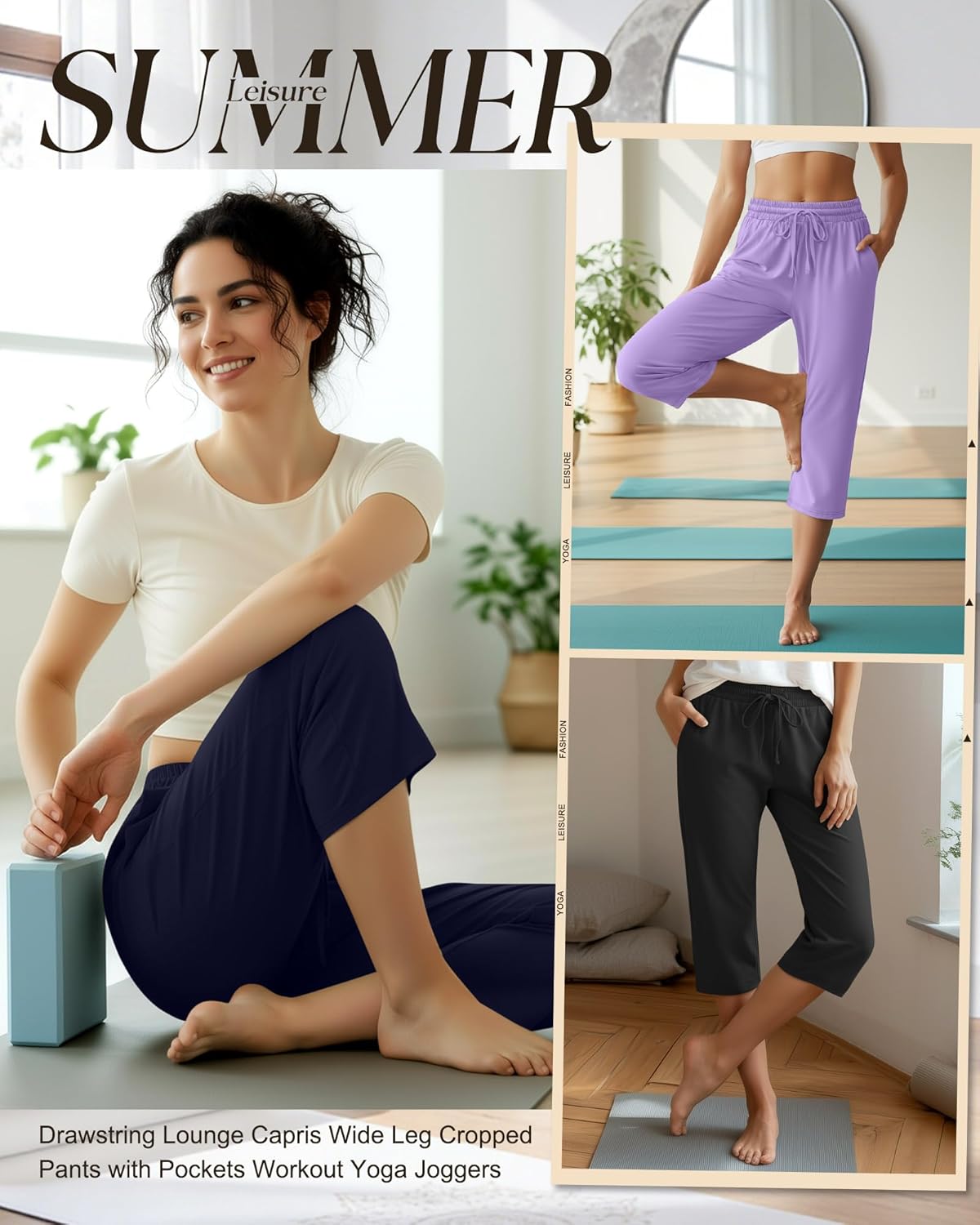 Huukeay 3 Pack Women's Capri Pants, Drawstring Lounge Capris Wide Leg Cropped Pants with Pockets Workout Yoga Joggers - Image 5