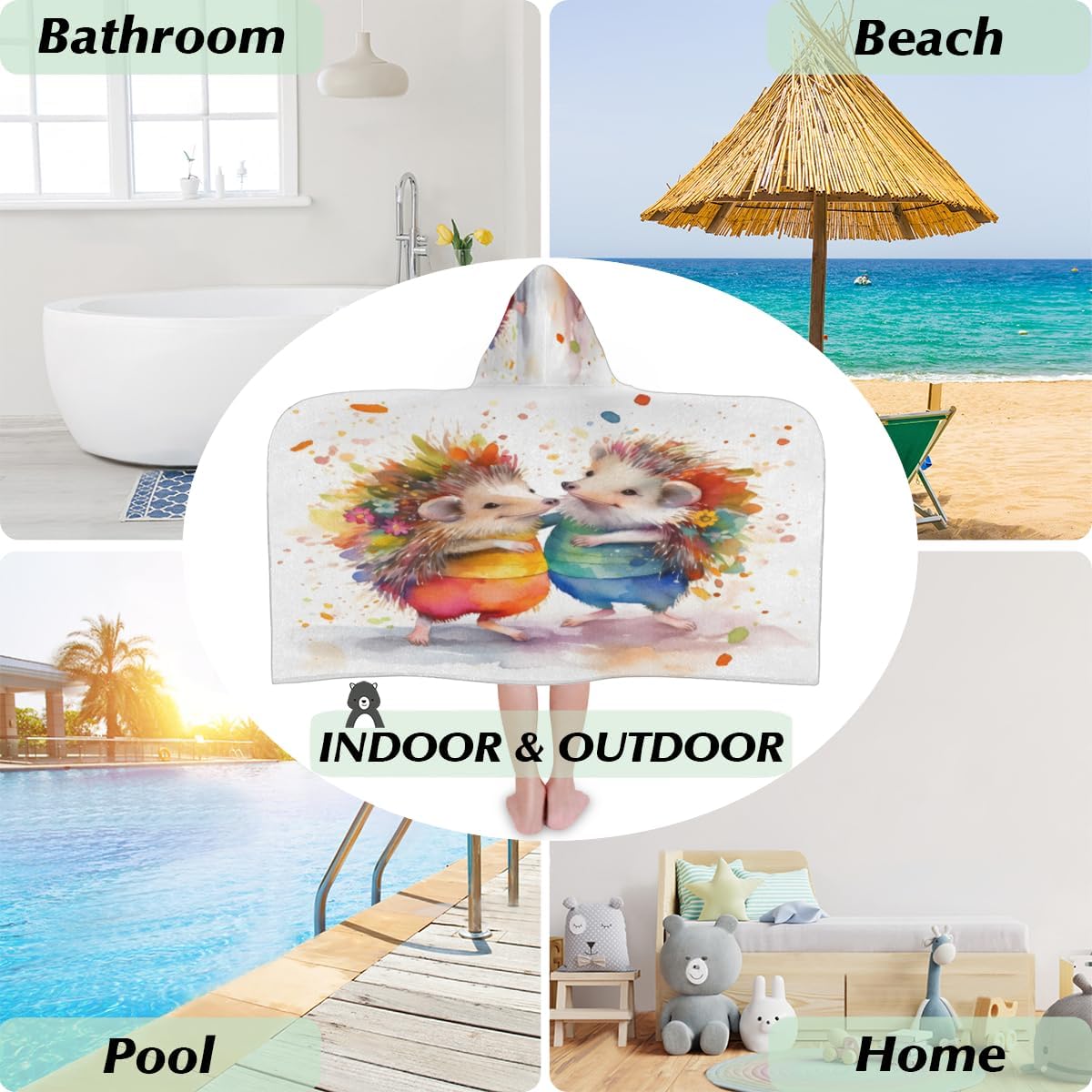 Pardick Kids Bath Towel Watercolor Hedgehog Beach Towel with Hood Pool Cover Up for Girls Boys Soft Absorbent Hooded Bath Towel Toddler Towels for Beach, Pool