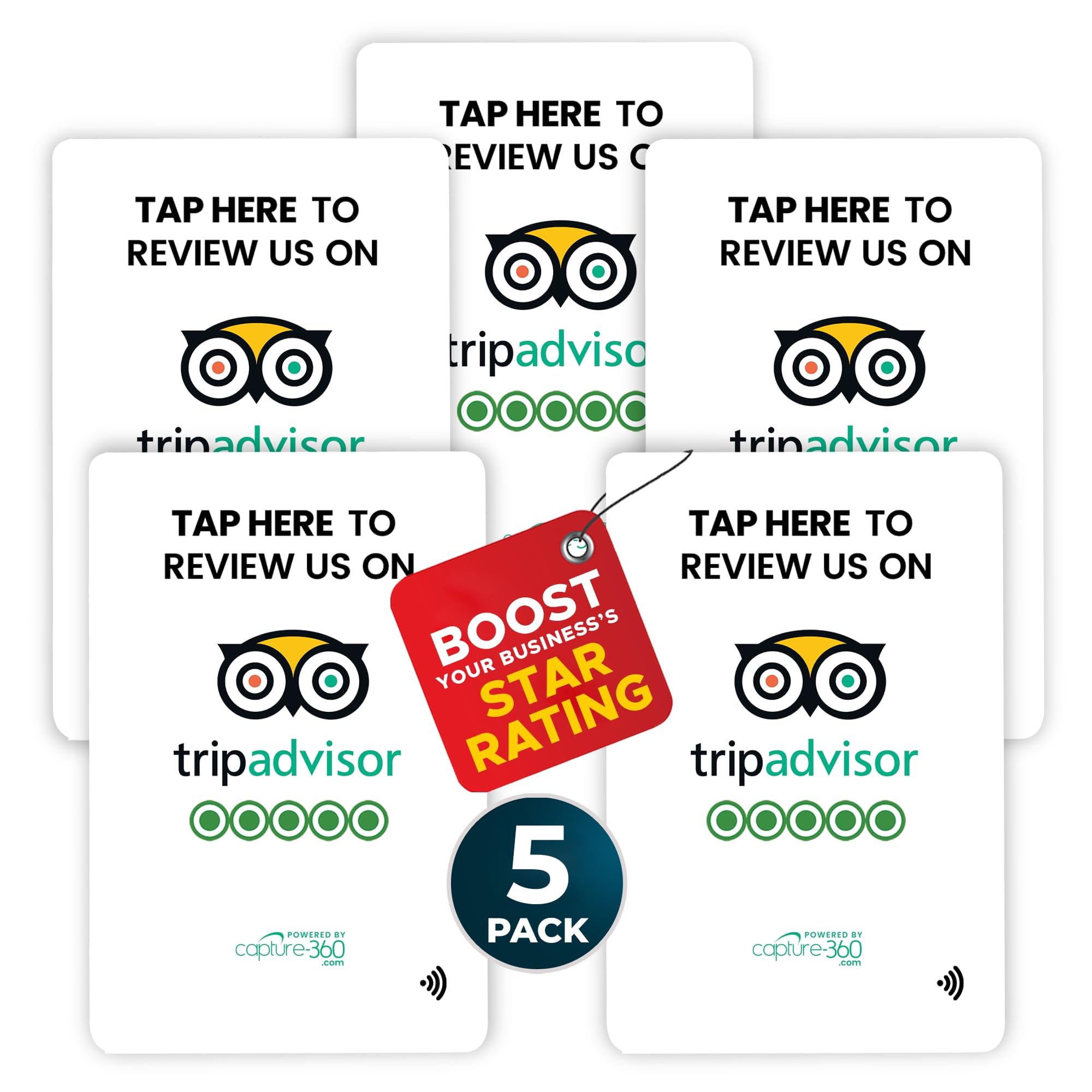 TripAdvisor NFC Review Card - Digital Business Signage, Acrylic Desk Display, Customizable NFC Tag for Effortless Feedback Collection, Quick Activation, Small Business Compatible - White (Pack of 5)