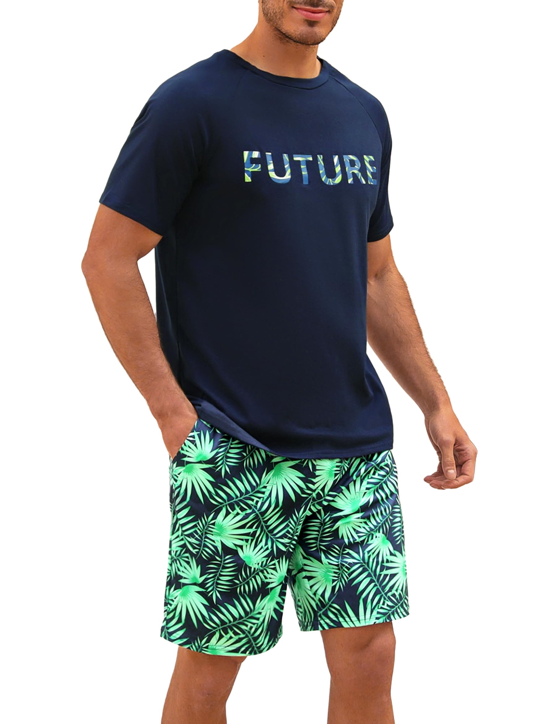 Nieery Pijamas Hombre Verano Conjunto Manga Corta Camiseta Cuello Redondo Pantalones Cortos Camuflaje con Bolsillos S-3XL