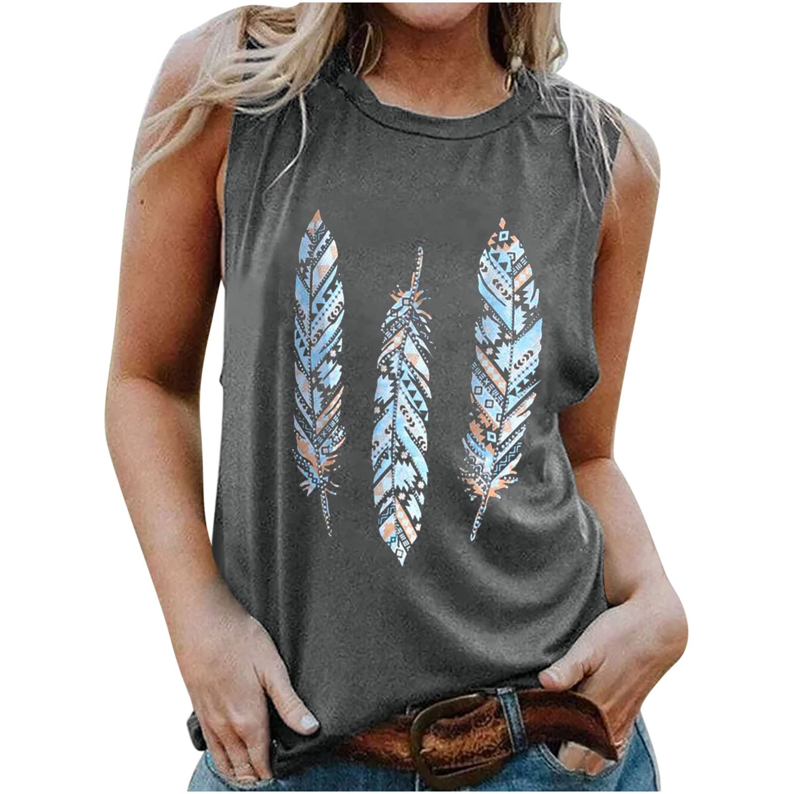 AMhomelyWomens Tops Shirt Plus Size Sale Feather Print Tank Tops Adult Girls Summer Beach Funny Graphic Tanks Vest Blouse Oversize Loose Tunic UK Size Elegant Twisted Sweatshirt for Ladies