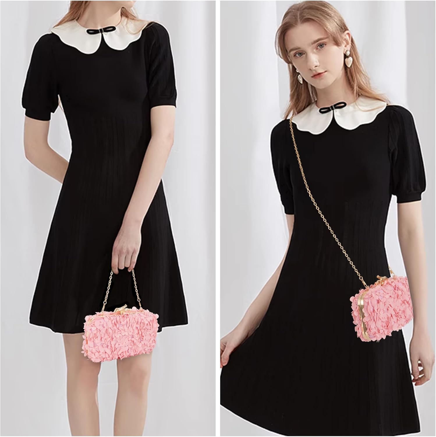 Goclothod Flower Inlaid Silk Evening Bag Shiny Rhinestone Wedding Clutch Handbag Purse