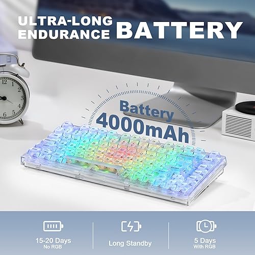 Miniatura 6 de YUNZII X75 PRO - Teclado mecánico inalámbrico intercambiable en caliente de 82 teclas con teclas transparentes, montaje de junta, BT5.02.4GUSB-C