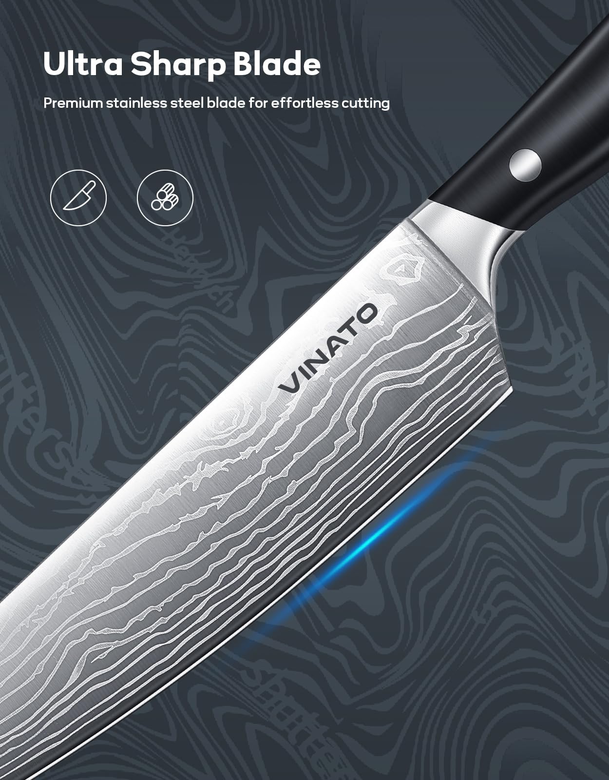 VINATO Juego de Cuchillos de Cocina 14 Piezas con Afilador – Bloque con Aspecto de Damasco y Cuchillos Profesionales para Chef – Regalo Ideal
