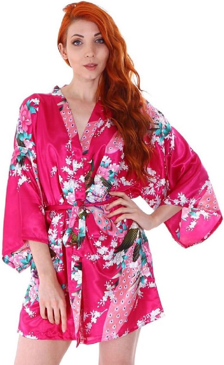 Nethaniah Women's Peacock & Blossom Print Silky Kimono Short Robe (One Size, Rose Red)