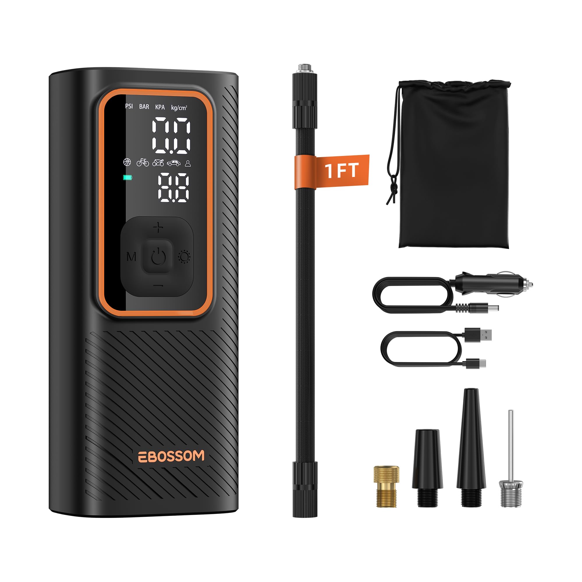EBOSSOM Tire Inflator Portable Air Compressor, Car Air Pump with Pressure Gauge, 150 PSI Cordless Tire Inflator Rechargeable with Display & LED for