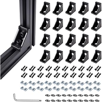 Pack of 20 Black 2020 Aluminium Profile Angles - Reinforced Aluminium Corner Brackets with M5 T-slot Nuts and Hex Socket Screws Mounting Material for 20 x 20 Profiles CNC and DIY Projects