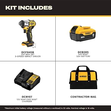 DEWALT 20V MAX Impact Driver, Cordless, 3-Speed, Battery and Charger Included (DCF845P1)