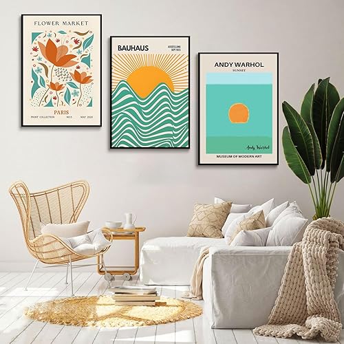 Miniatura 3 de Bauhaus - 3 piezas de arte de pared moderno de mediados de siglo, diseño de flores retro, impresiones de lienzo verde y naranja, bohemio,