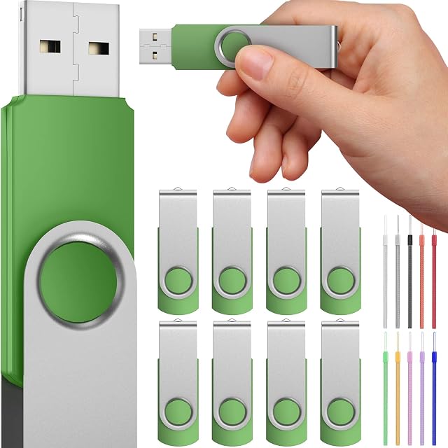 10 Pack Memory Sticks 8GB USB Flash Drive - MultiPack USB 2.0 Stick 8 GB Data Storage Value Pen Drive - FEBNISCTE Bulk Portable PenDrive Green Swivel with 10 Pieces Cords for Business