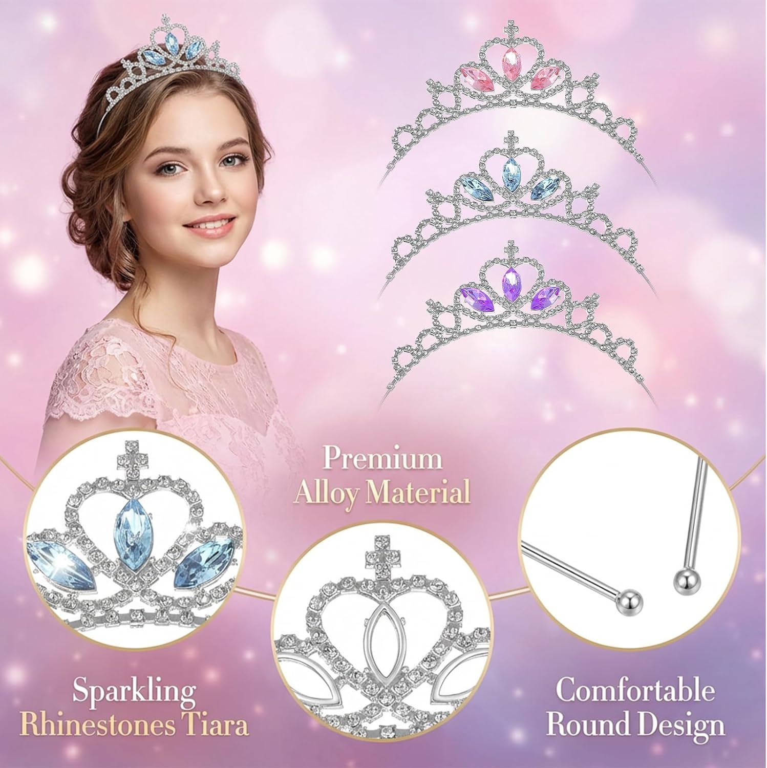 3PCS Rhinestone Tiara Headband, Crystal Non-Slip Crown Headband, Sparkling Princess Crowns for Women Girl, Suitable for Birthday Parties, Wedding Parties, Beauty Pageants