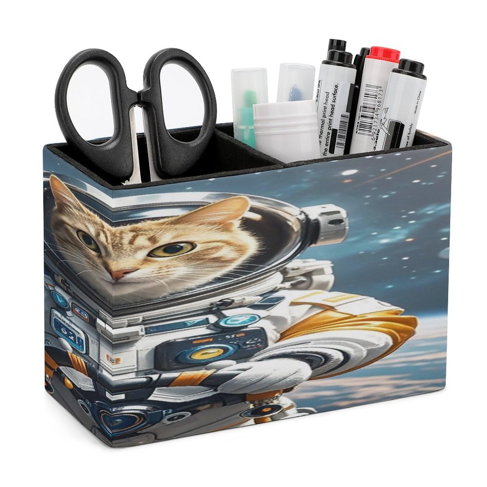 VstaDank Astronaut Cat in Space Pen Holder Double Compartments Pen Cup Fashion Makeup Brush Holders Leather Pencil Holder for Work Locker Accessories Modern Pencil Cup for Desk Organizer