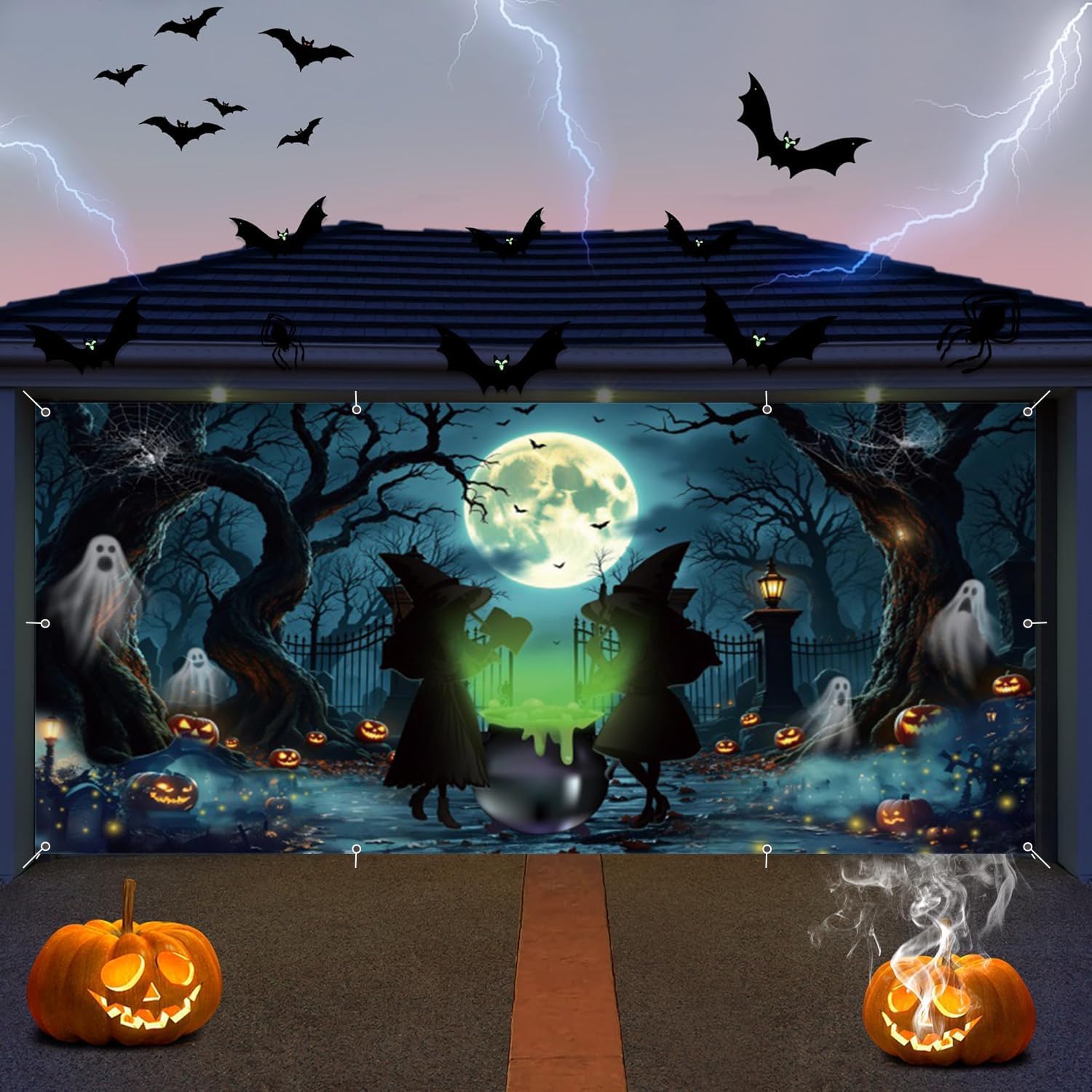 Halloween Garage Door Decorations Cover Banner 7x16ft Scary Halloween Backdrop Banner,Large Hanging 2 Car Garage Door Cover,Spooky Witch Horror Forest Backdrop Wall Decor for Outdoor Holiday Decorations