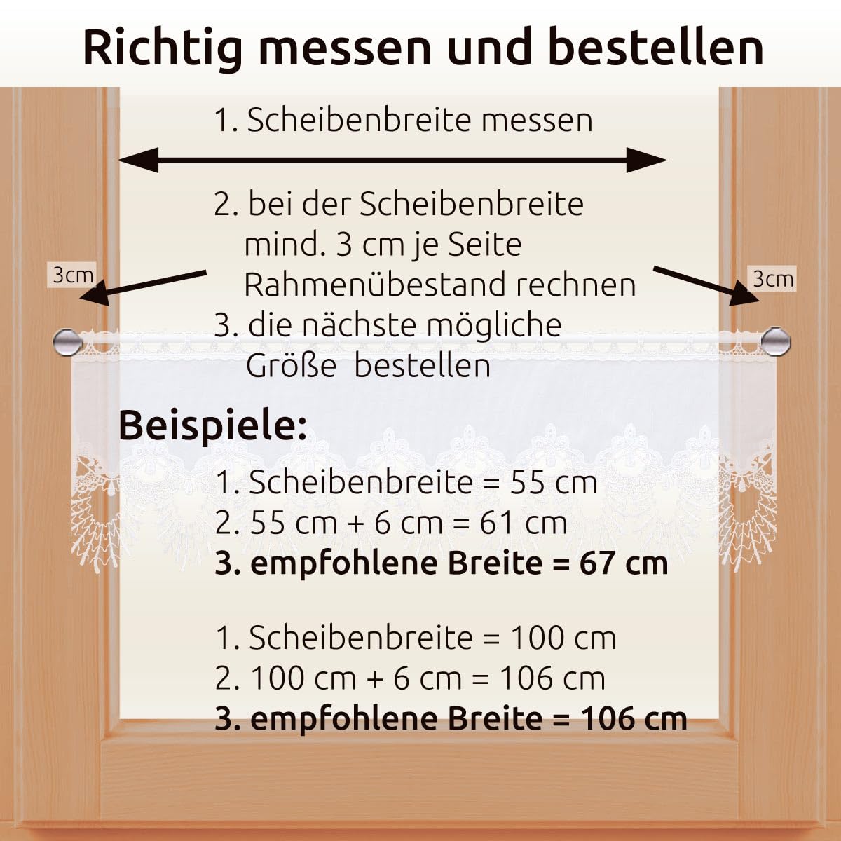 Feenhaus-Scheibengardine Nastja aus Vogtländischer Spitze - Landhaus-Scheibenhänger mit Fächerspitze weiß | klassische Spitzengardine handgefertigt | rustikal-moderne Bistro-Gardine HxB 35 x 106 cm