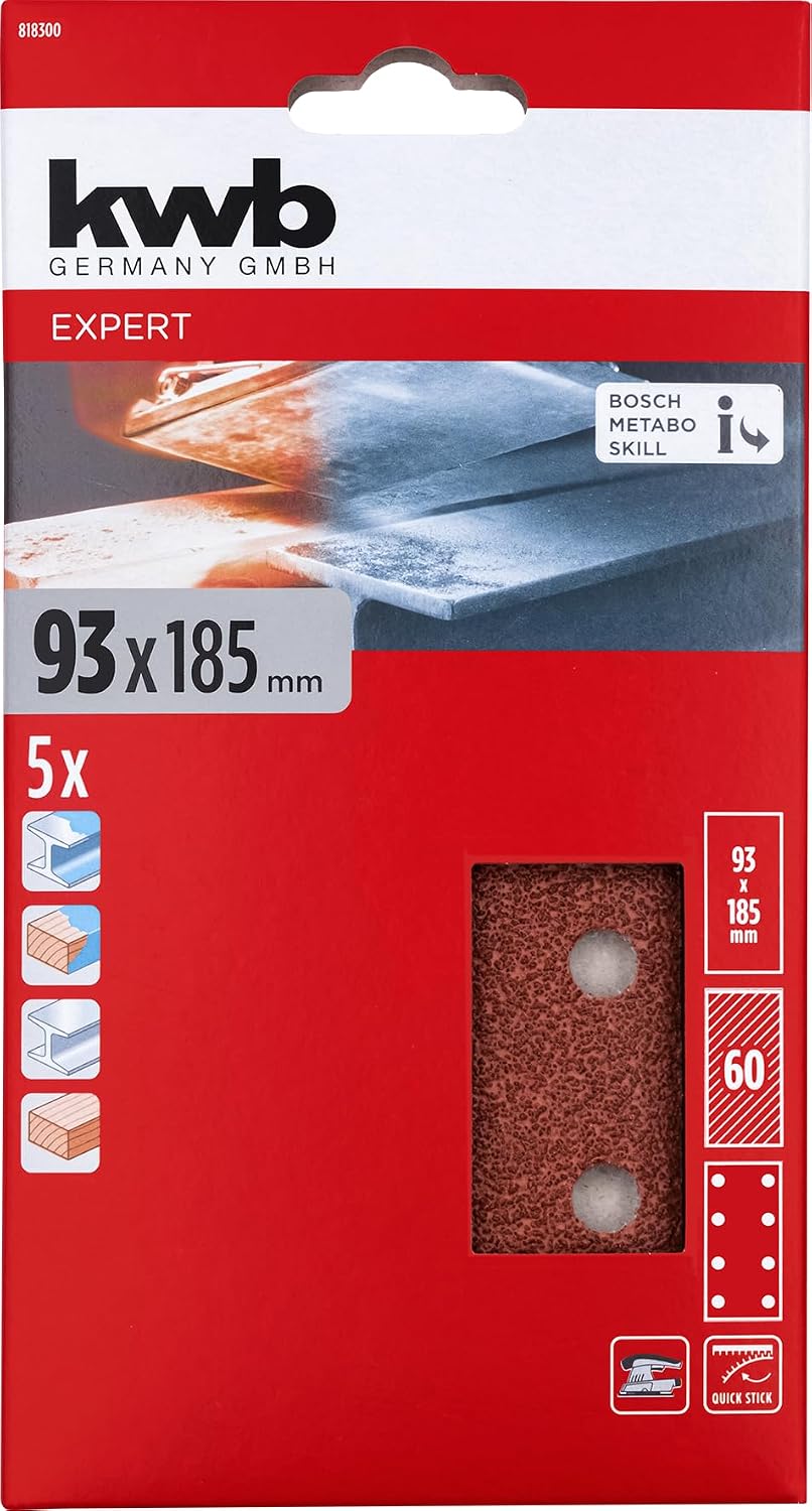 kwb Abrasive Strips 80X133 Mm Made Of High-Grade Aluminium Oxide With Grit Size 60, tool-Free Change, Full Synthetic Resin Bonding and Reinforced Paper Backing for Coarse Sanding Of Wood and Metal