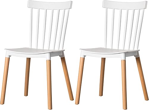 Miniatura 10 de Fabulaxe Silla de comedor de plástico moderna diseño Windsor con patas de madera de haya, color blanco juego de 4 Juego de 4 blanco,Juego de 2