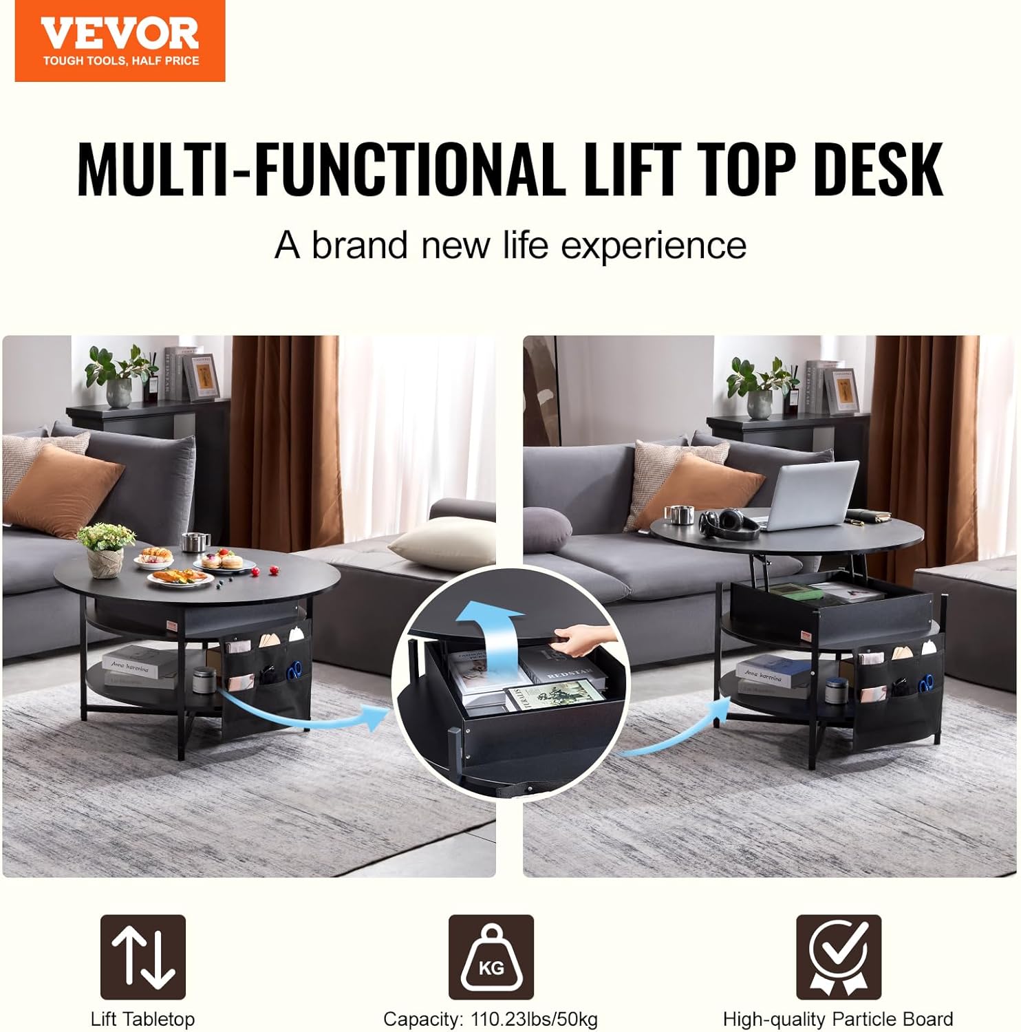 VEVOR Round Lift Top Coffee Table with LED Light, 35.4" Circle Coffee Table with Storage and Hidden Compartment, Farmhouse Large Dining Table for Living Room Reception Room, Black