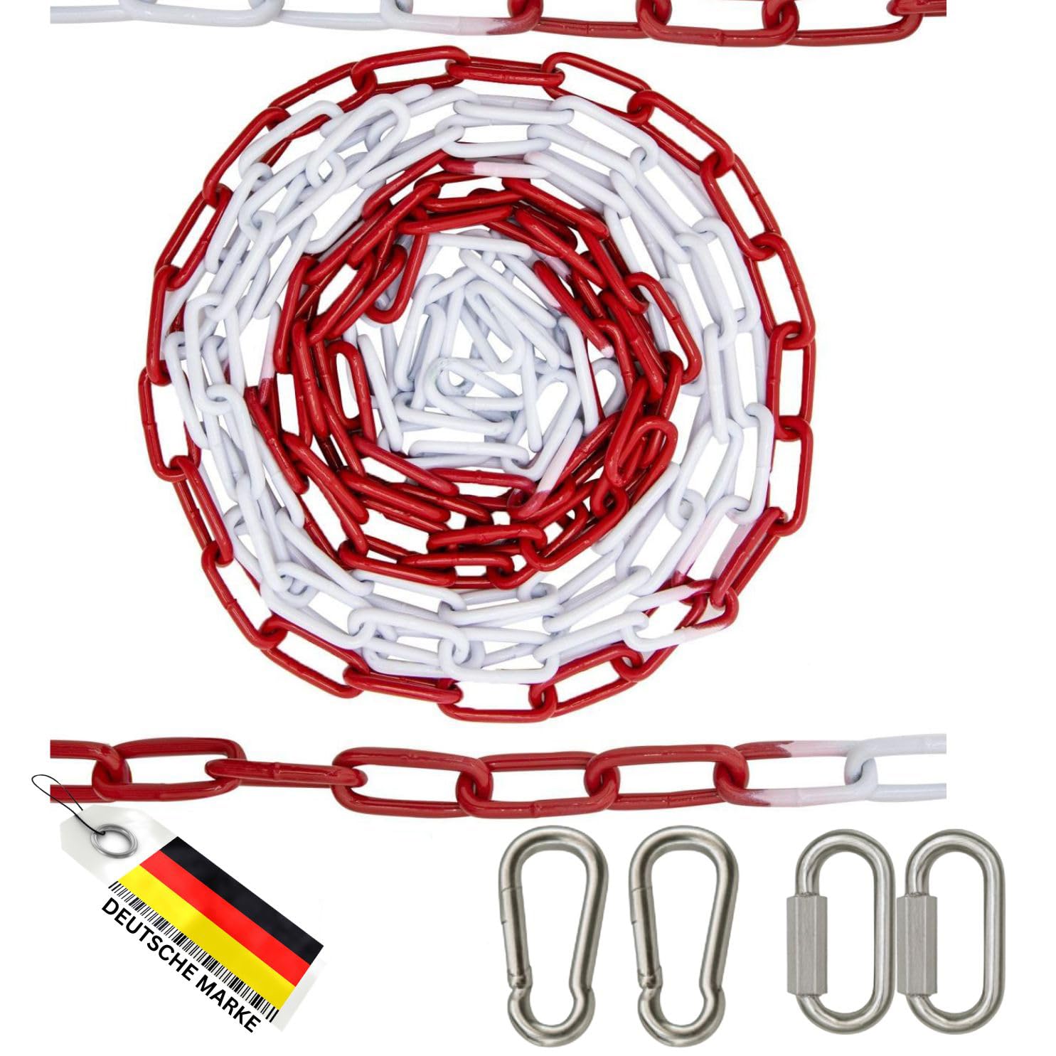 FAMEX Chaîne de barrière en métal 5-30 m 5 mm rouge blanc – Chaîne en acier galvanisé avec mousqueton et maillon d'urgence – Chaîne d'avertissement résistante aux intempéries pour parking, chantier