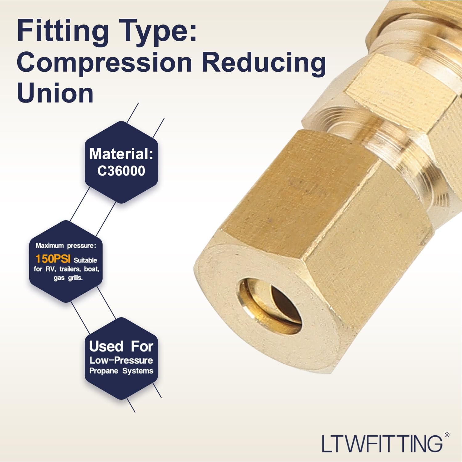 LTWFITTING Compression Reducing Union 3/16-Inch OD x 1/4-Inch OD Brass Fitting (Pack of 5)