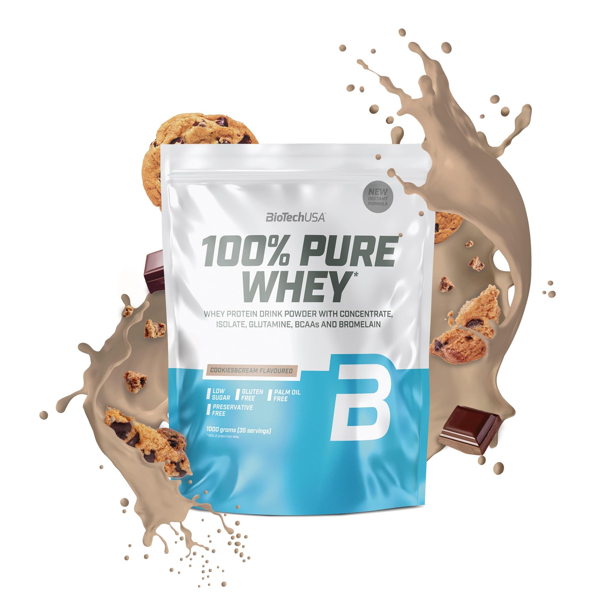 BioTechUSA100% Pure Whey | Protein Powder with BCAA and Glutamine | Gluten-Free, Palm Oil Free | 21g Protein per Serving, 1 kg, Cookies & Cream